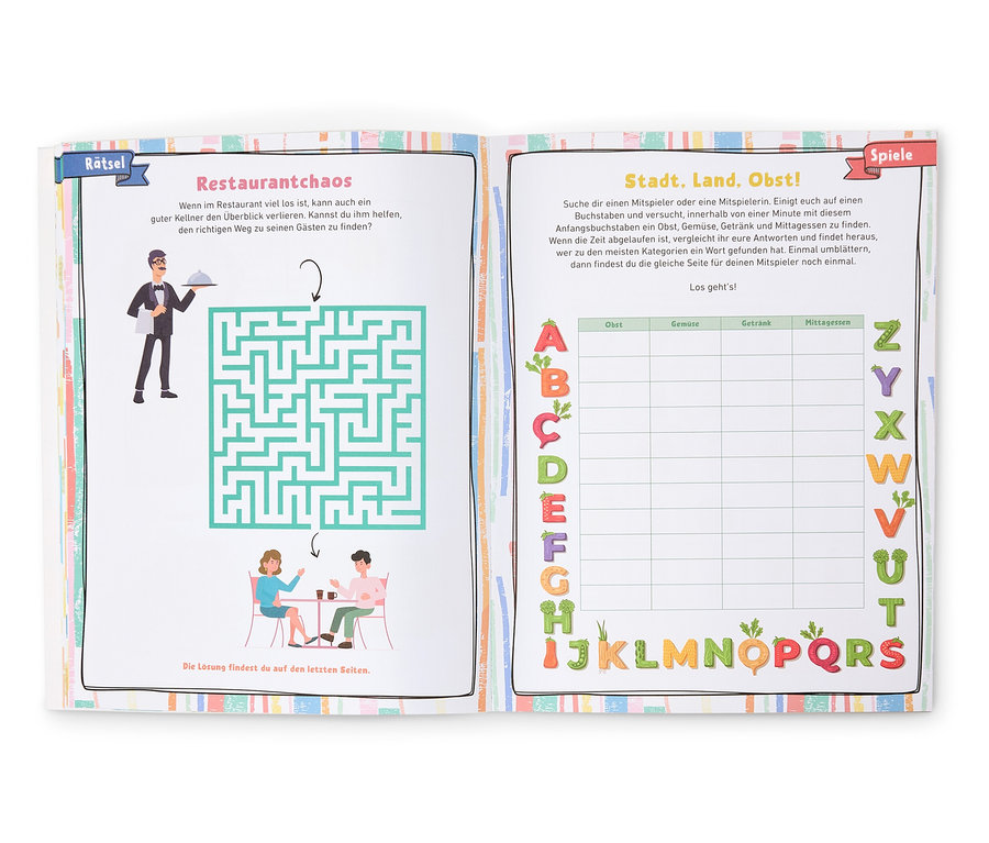 Livre ouvert avec le jeu "Restaurantchaos" et le jeu "Ville, Pays, Fruits!".