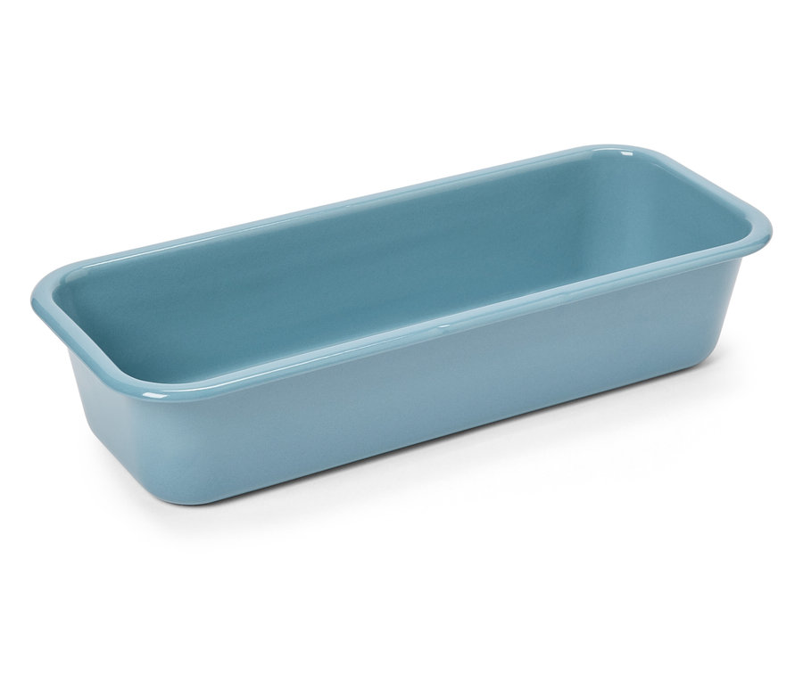 Moule à cake rectangulaire bleu clair sur fond blanc.