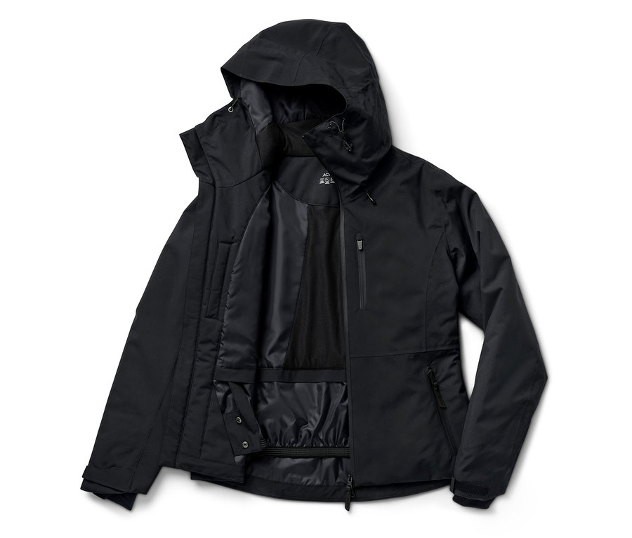 Veste noire à capuche ouverte, doublure intérieure visible.