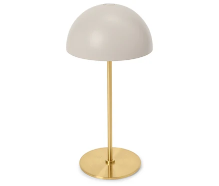 Lampe de table avec abat-jour rond gris clair et pied doré.