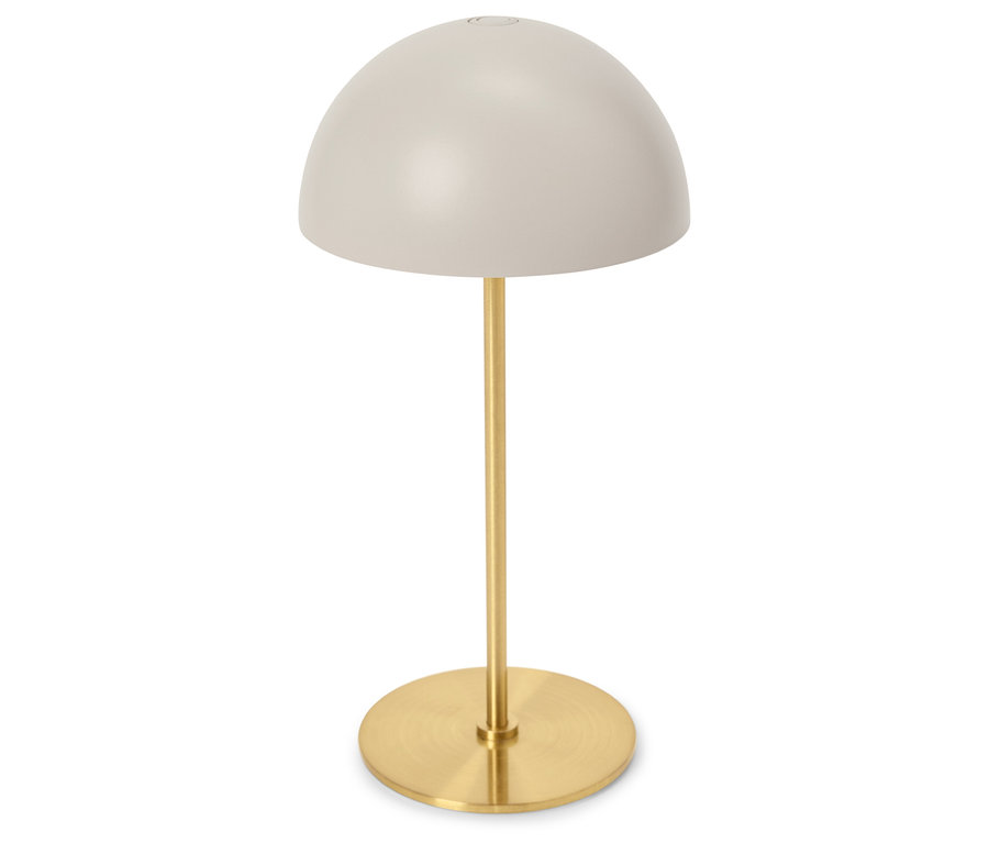 Lampe de table avec abat-jour rond gris clair et pied doré.