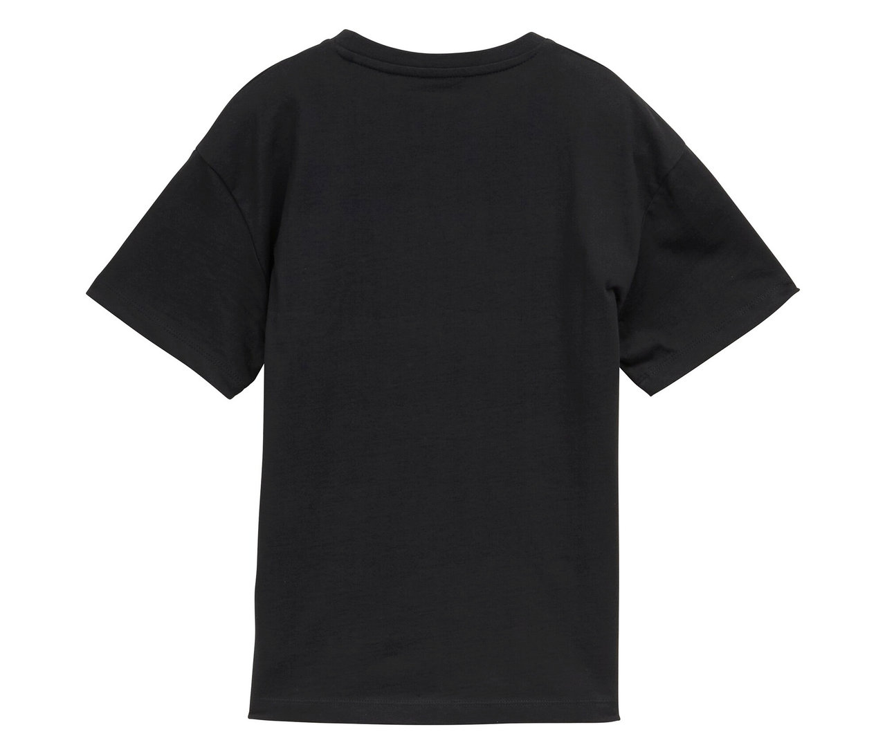 Vue détaillée de l'arrière d'un t-shirt noir.