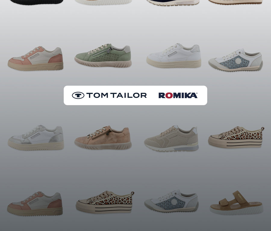 Différentes chaussures des marques Tom Tailor et Romika sont disposées en grille sur un fond gris, dont des sandales Romika, PU sable.