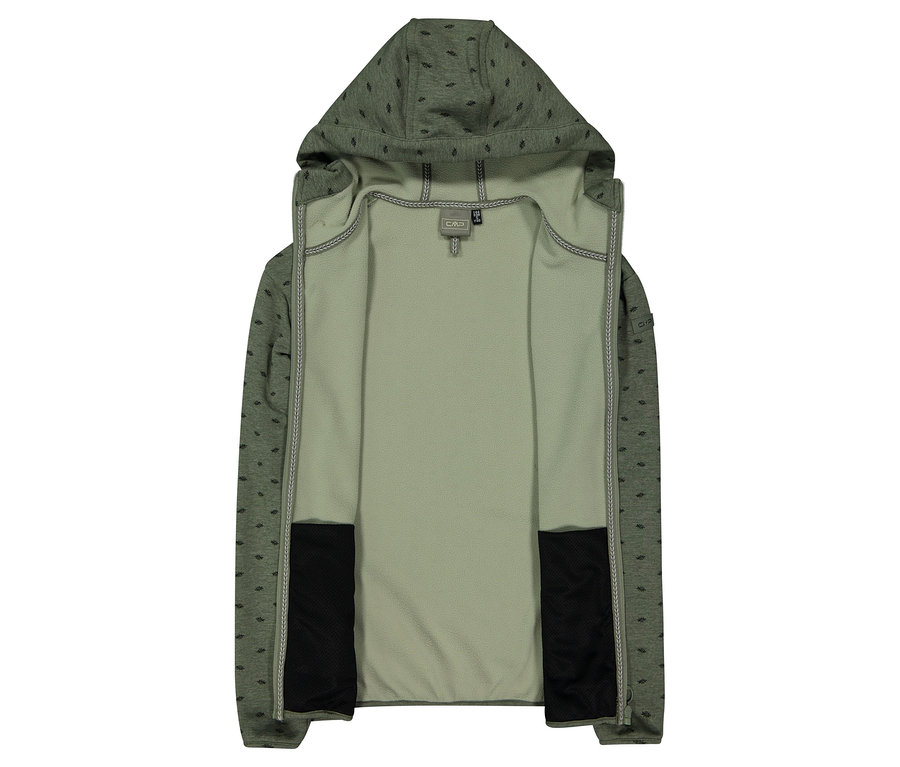 Veste à capuche ouverte vert clair avec motif foncé et poches noires.