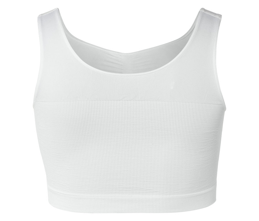 Haut de sport blanc côtelé sans manches à larges bretelles sur fond blanc.