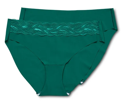Deux slips Magic Cut vert foncé, celui du dessus avec une bordure en dentelle à la taille.
