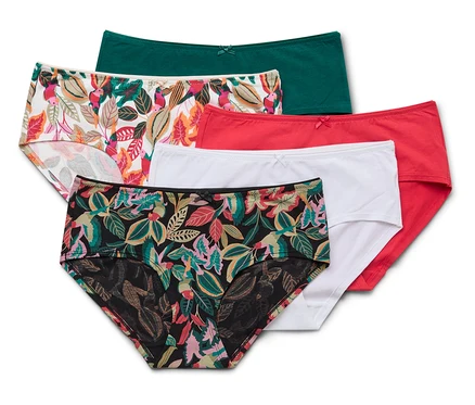 Cinq culottes pour femmes en vert, blanc, rouge et à motifs floraux sont disposées les unes sur les autres.