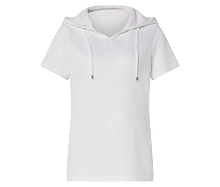 T-shirt blanc à capuche avec cordon de serrage.