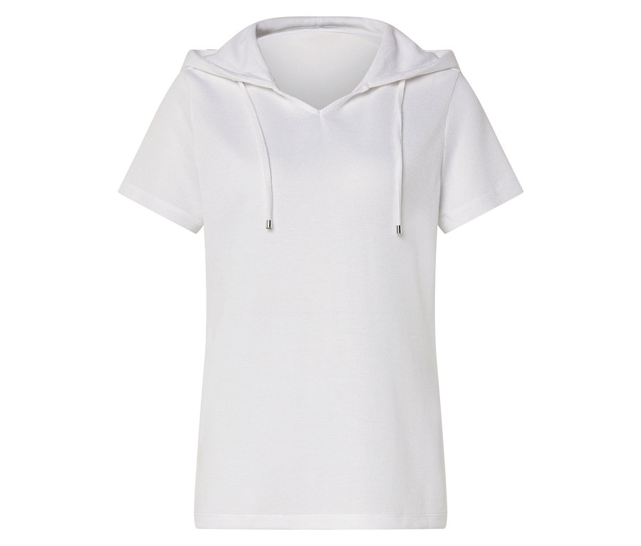 T-shirt blanc à capuche avec cordon de serrage.