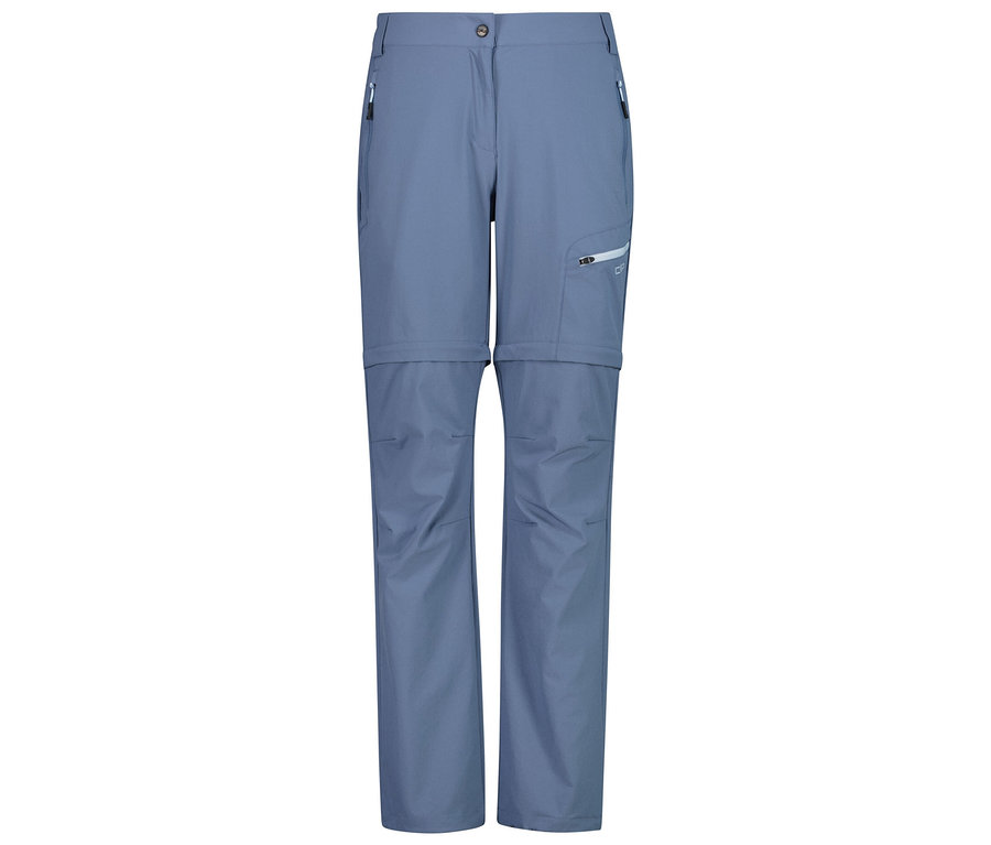 Un pantalon bleu, long et partiellement ouvert avec des poches est visible sur un fond blanc.