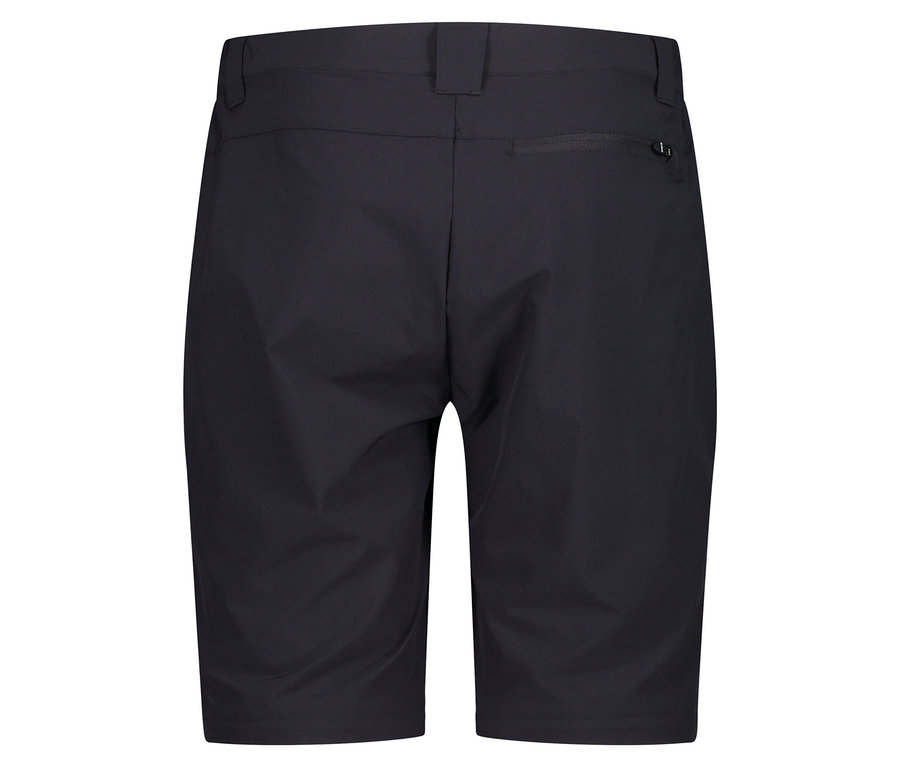 Gros plan sur l'arrière d'un short noir avec une poche zippée.