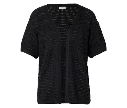Cardigan noir ouvert à manches courtes sur fond blanc.