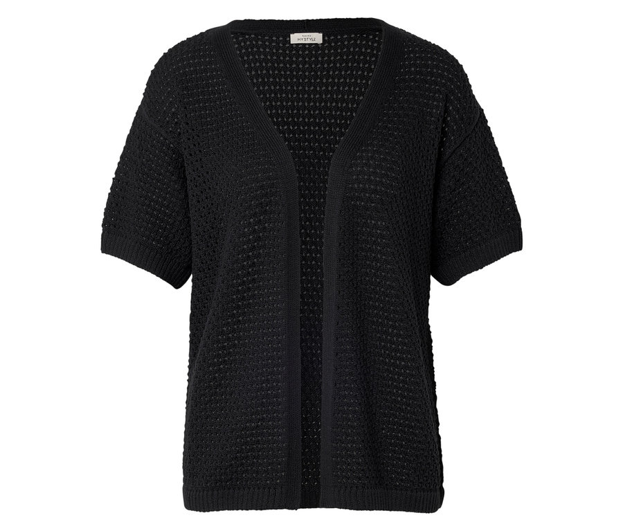 Cardigan noir ouvert à manches courtes sur fond blanc.