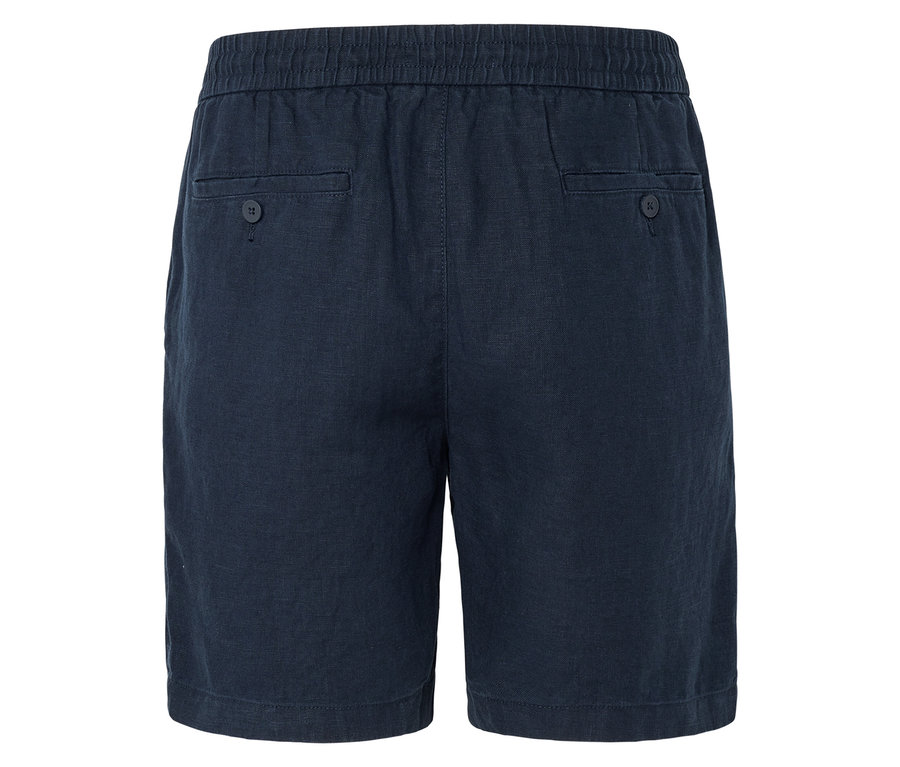 Gros plan sur l'arrière d'un short bleu marine avec une taille élastiquée et deux poches arrière boutonnées.