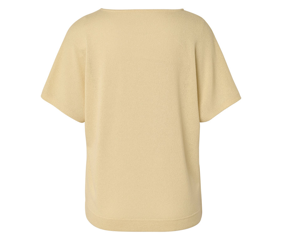Vue arrière d'un haut en tricot jaune clair à manches courtes et à encolure arrondie large.