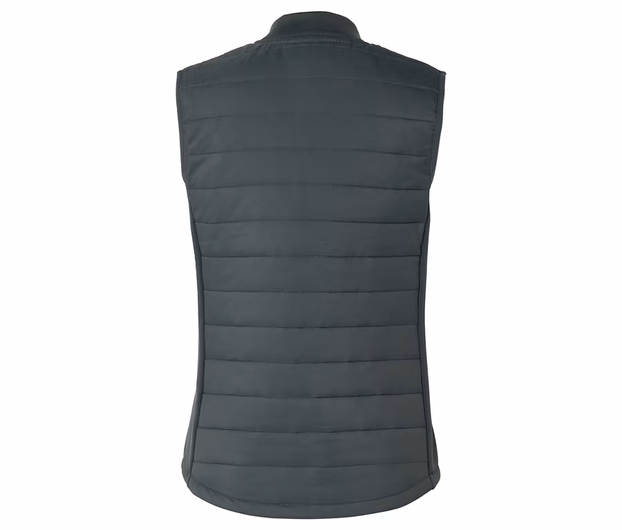 Vue arrière d'un gilet matelassé gris foncé sans manches avec un col montant.