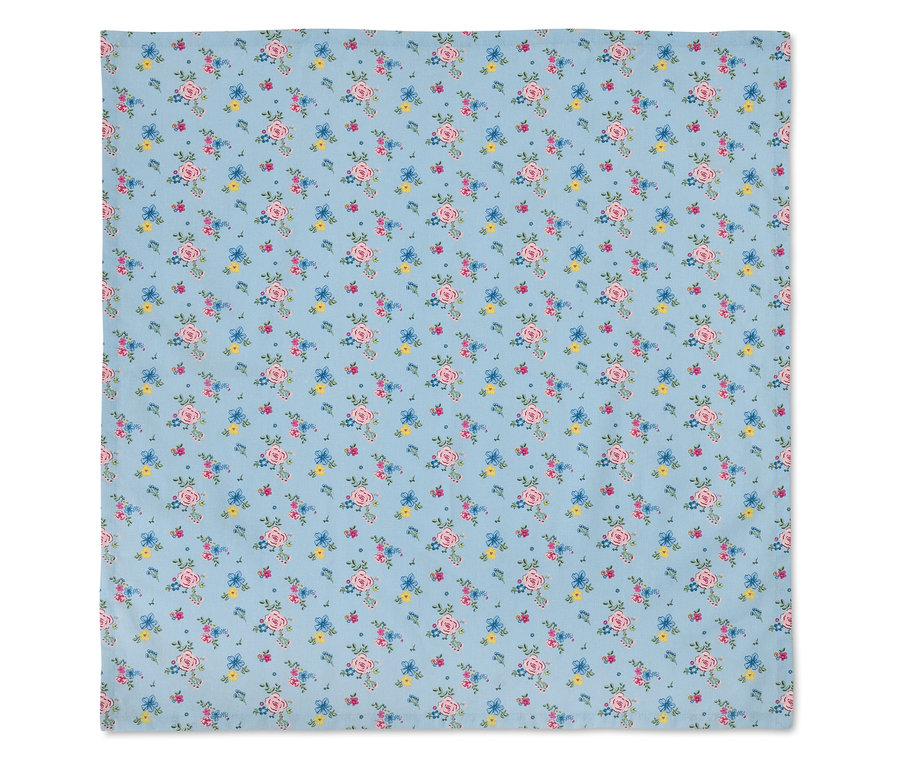 Tissu bleu avec motif de roses et de fleurs.
