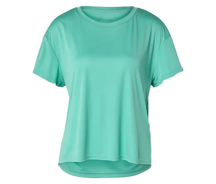 Un haut de sport turquoise à manches courtes posé sur un fond blanc.