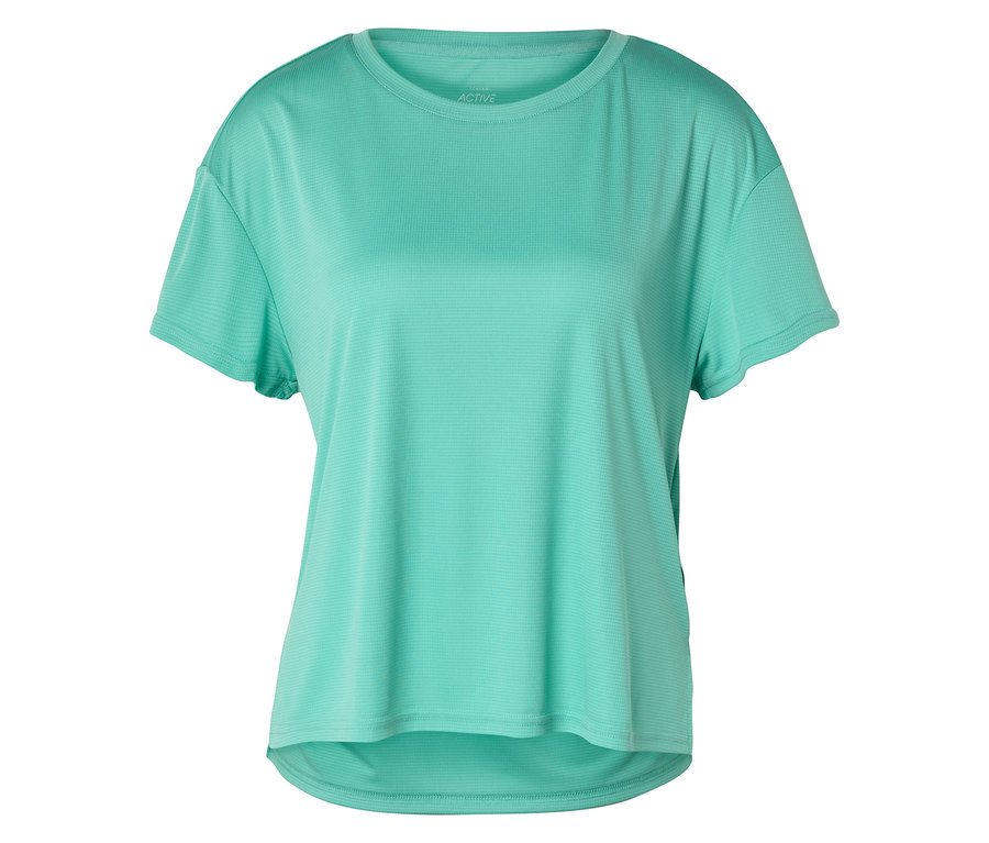 Un haut de sport turquoise à manches courtes posé sur un fond blanc.