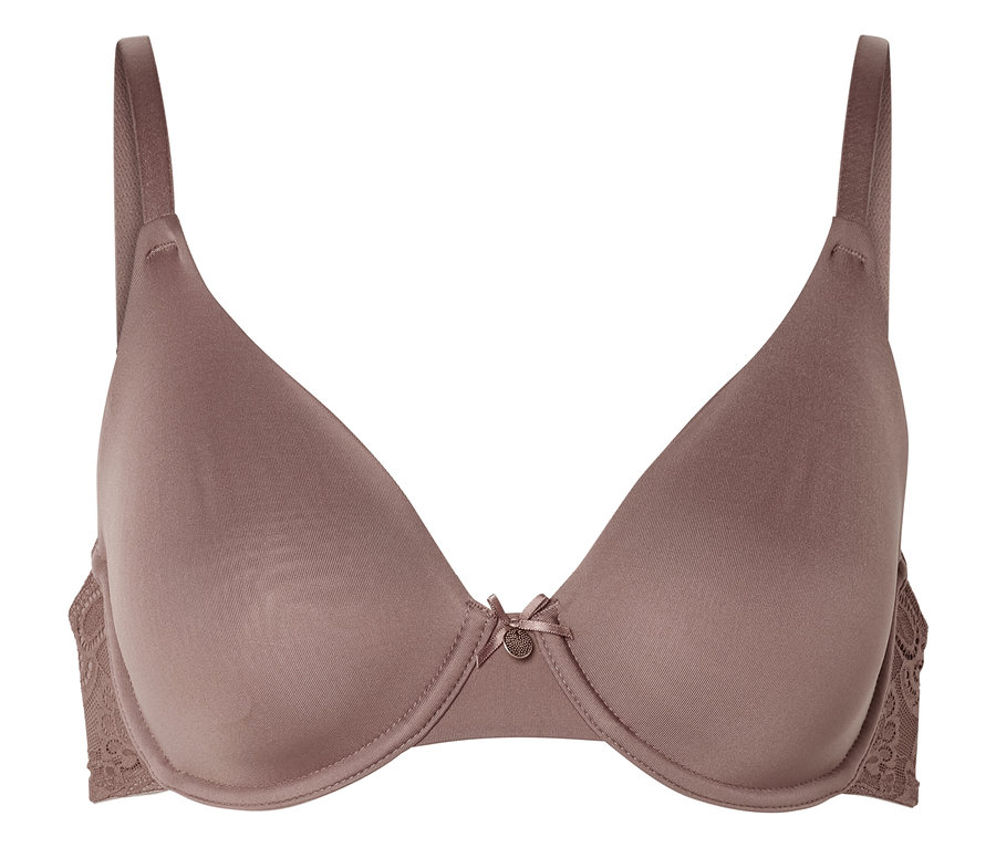 Soutien-gorge marron à armatures avec détails en dentelle sur les côtés.