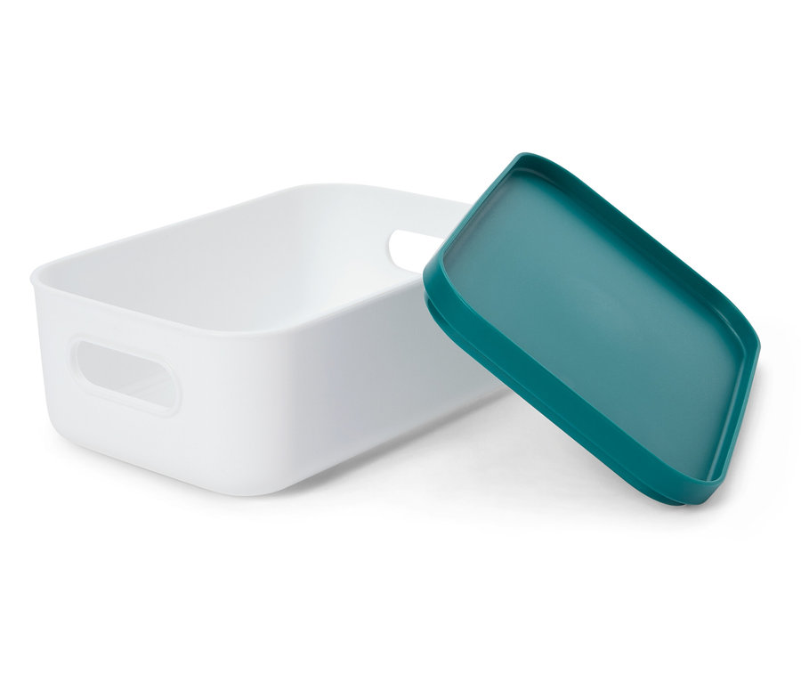 Boîte de rangement blanche avec couvercle bleu-vert.