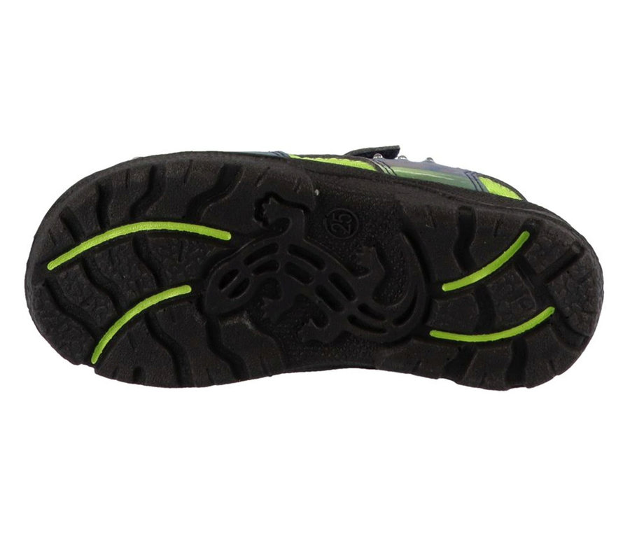 Semelle noire de la sandale garçon LURCHI « Keeper » avec des accents verts et un motif texturé, taille 25.