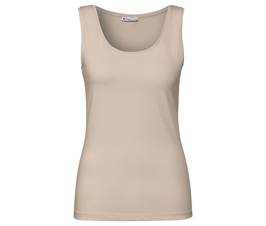 Haut classique Street One beige sans manches, de face sur fond blanc.