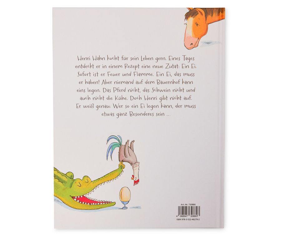 La couverture du livre montre un crocodile, un coq et un œuf. Texte sur la couverture.