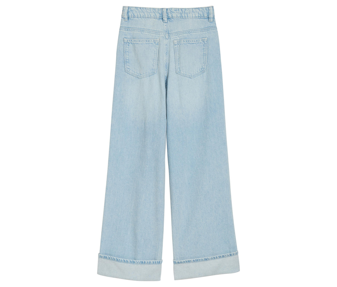 Jean large et clair vu de dos avec un ourlet retroussé.
