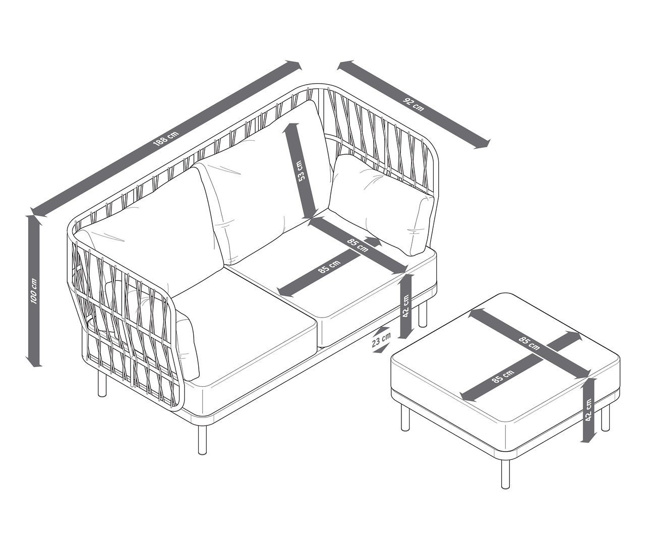 L'image montre un canapé de jardin confortable avec un dossier haut et les dimensions associées.