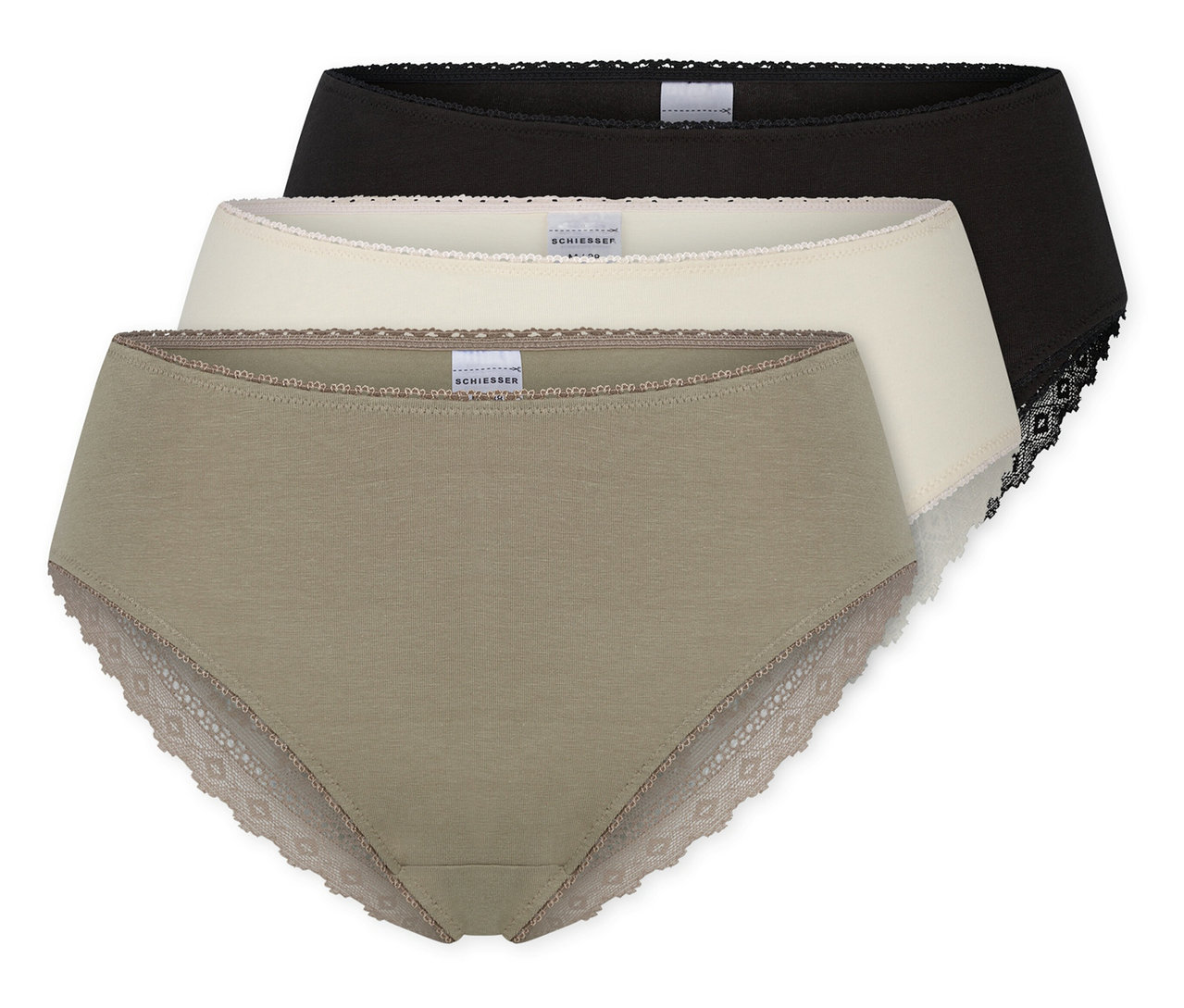 Trois slips brésiliens SCHIESSER noirs, crème et kaki avec des détails en dentelle.