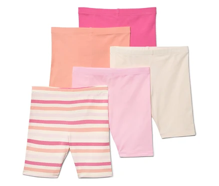 Cinq leggings courts roses, abricot, beige, rose et rayés sont superposés.