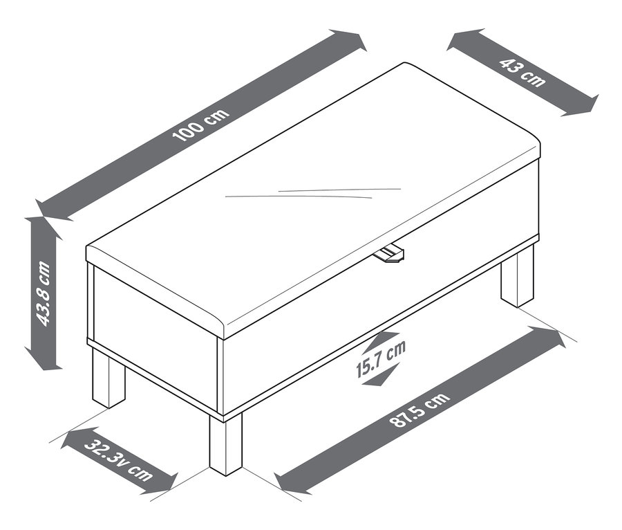 L'image montre un banc de rangement pour enfants « Leira » avec couvercle rembourré, ainsi que ses dimensions.