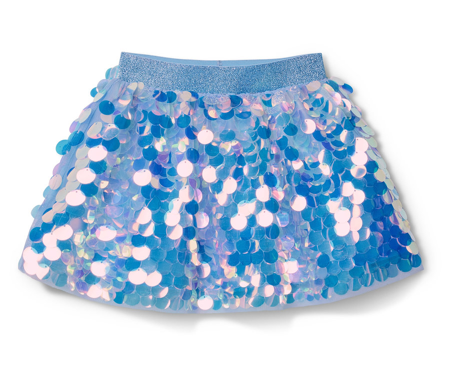 Jupe à paillettes pour enfant avec des paillettes bleues et rosées irisées et une ceinture bleue scintillante.
