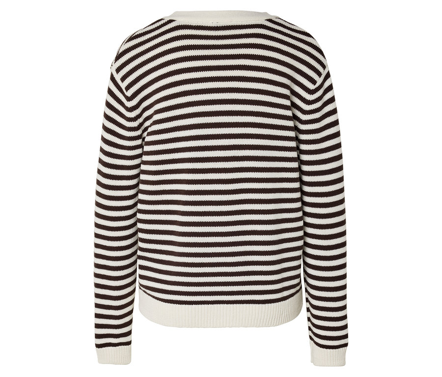 Vue arrière d'un pull à rayures marron et blanc.