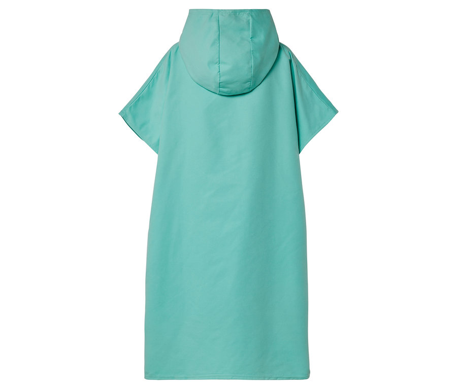 Vue arrière d'un poncho turquoise à capuche et manches courtes.