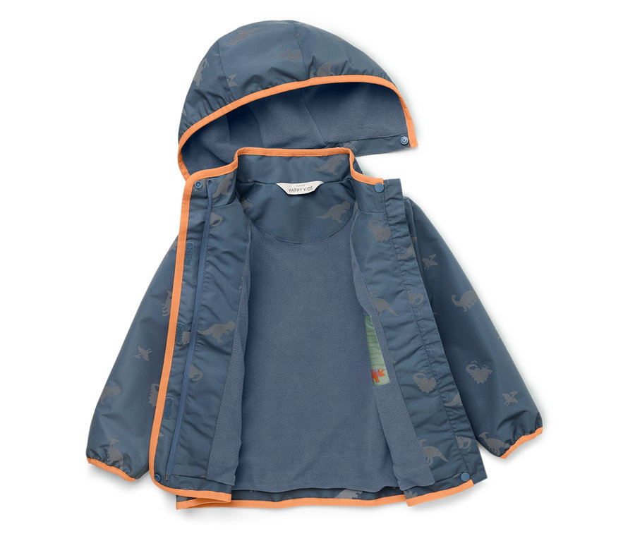 Veste ouverte bleue pour enfant avec capuche et motif dinosaure, détails orange et doublure bleue.