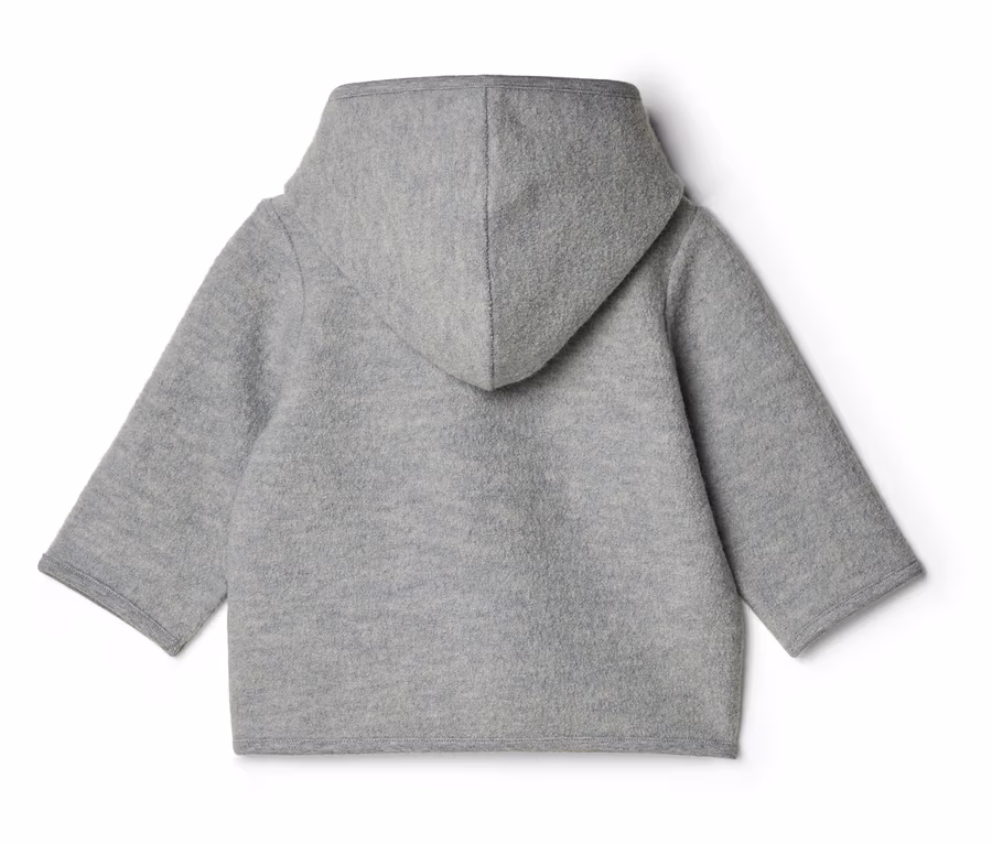 Vue arrière d'un manteau pour enfant gris clair avec capuche et manches longues.