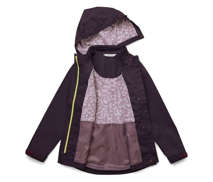 Veste ouverte violet foncé avec capuche et fermeture éclair jaune. La doublure intérieure est claire avec un motif.