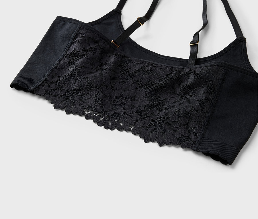 Gros plan d'un soutien-gorge noir avec des détails en dentelle et des bretelles réglables sur un fond neutre.
