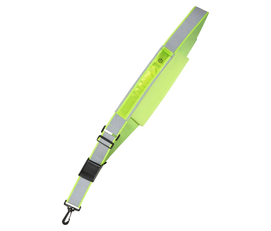 Brassard de sport vert fluo avec bande réfléchissante, icône d'alimentation, boucle noire réglable et clip noir.
