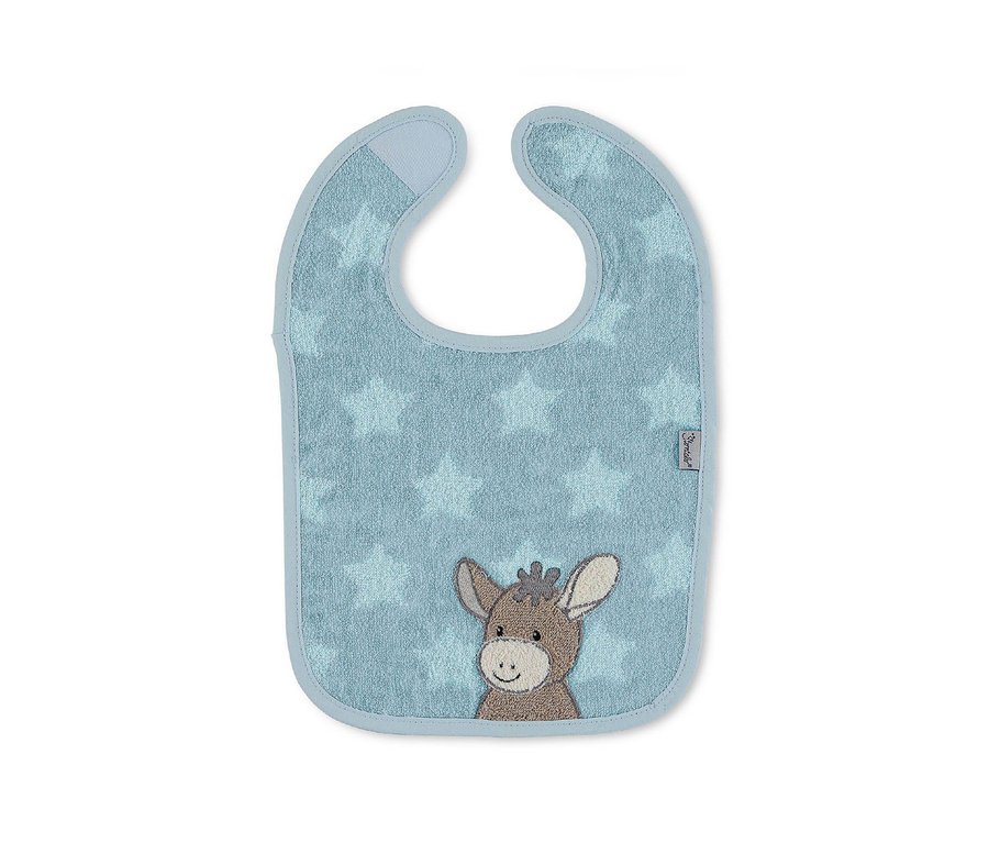 Bavoir bébé bleu clair avec motif étoiles et tête d'âne marron souriante brodée en bas.