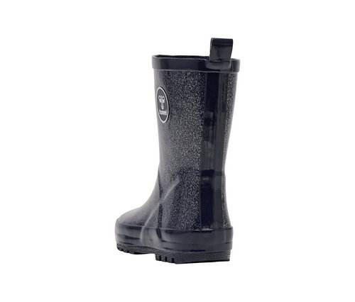 Botte en caoutchouc hummel® « Rubber Boot Glitter » noire avec logo blanc, vue de côté.