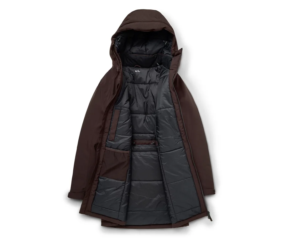 Veste d'hiver marron à capuche, ouverte pour révéler une doublure matelassée noire et des poches intérieures.