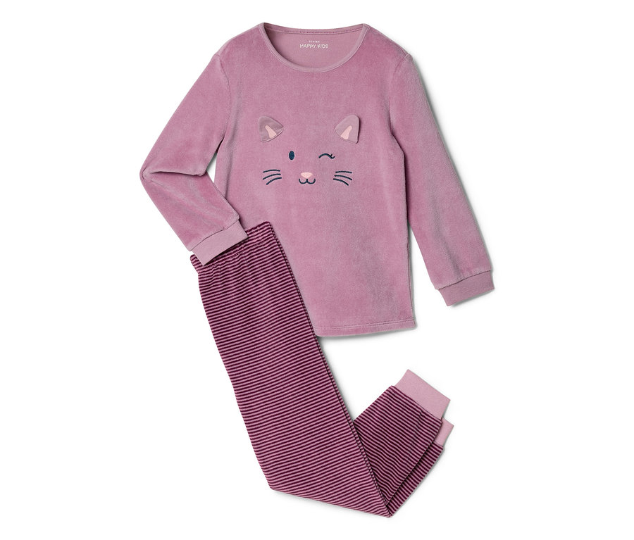 Pyjama enfant en velours rose avec haut à manches longues à motif de chat et pantalon rayé.