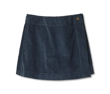 Jupe-culotte pour enfant en velours côtelé bleu foncé avec une petite étoile sur le côté droit de la ceinture.