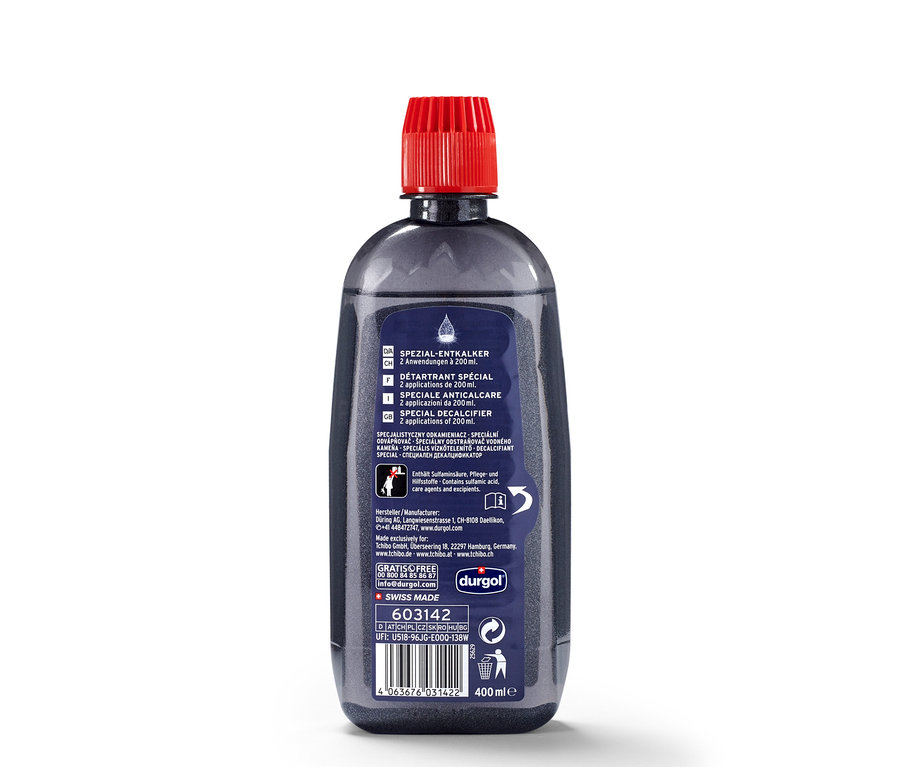 Une bouteille de Détartrant spécial durgol®, 400 ml, avec un bouchon rouge.