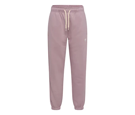 Pantalon de survêtement ample hummel® HMLJR Bee de couleur violette mate, avec taille élastique, cordon de serrage beige clair et chevilles resserrées. Petit logo sur la cuisse droite.
