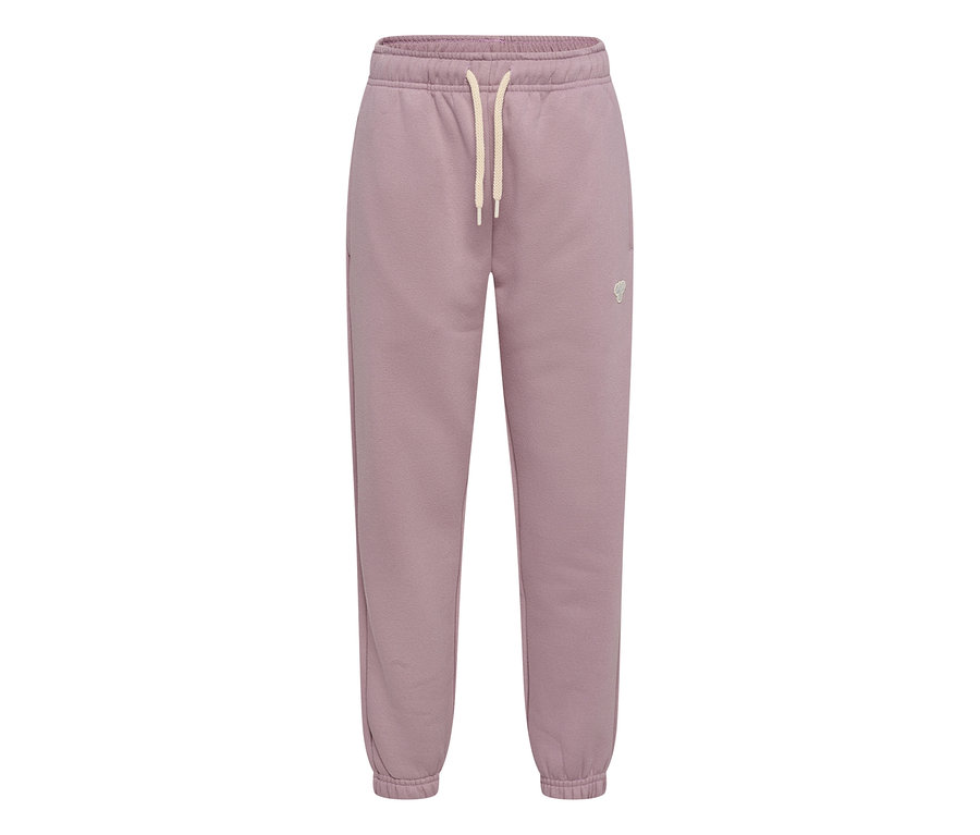 Pantalon de survêtement ample hummel® HMLJR Bee de couleur violette mate, avec taille élastique, cordon de serrage beige clair et chevilles resserrées. Petit logo sur la cuisse droite.