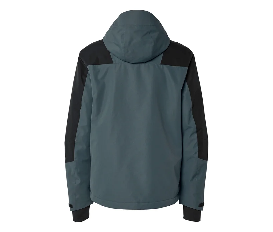Vue de dos d'une veste bicolore en turquoise foncé et noir, avec une capuche et des poignets ajustables.